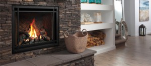Modern yet cozy - the Bentley collection from Marquis gas fireplaces featured in brick/stone frame