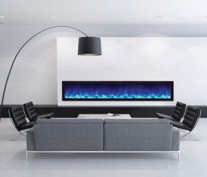 Long electric fireplace from Amantii, with bright blue-flames. Featured in a corporate waiting room in Ottawa