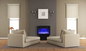 Amantii electric fireplace with blue flames - in the middle of an Ottawa reading room.