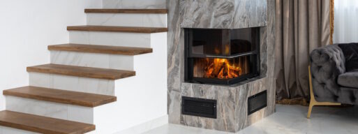 3D fireplace surrounded by marble stone